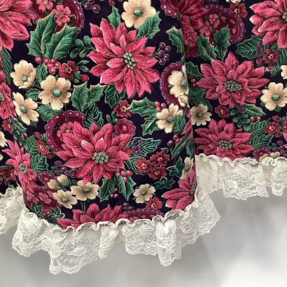 Vtg Roanna‎ Red Christma Dress 6 Lace Collar White Poinsettia Smock Velvet Top
